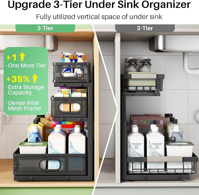 Kitstorack Under Sink Organizer, 1-Pack 3-Tier Height Adjustable Thickened Metal Pull out Cabinet Organizer Shelf, Slide out Storage Drawer Rack for Bathroom Kitchen Pantry Home Laundry Organization - Image 2