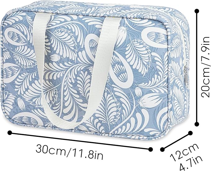Narwey Full Size Toiletry Bag Women Large Cosmetic Bag Travel Makeup Bag Organizer Medicine Bag for Toiletries Essentials Accessories (Large, Blue Leaf) - Image 4