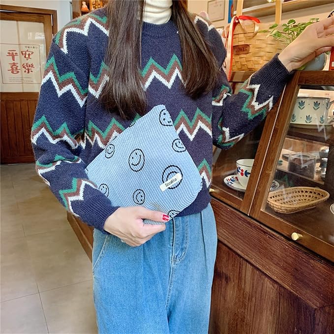 Cosmetic Bags for Women - Corduroy Cosmetic Bag Aesthetic Women Handbags Purses Smile Dots Makeup Organizer Storage Makeup Bag Girls Case Bags (A-Blue) - Image 3