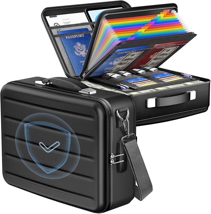Fireproof Document Box with Lock, Hard-Shell Fireproof Safe Box | Fire proof Lock Box for Home Documents, Portable Travel Fire Proof File Box for Passport Laptop Certificates, Black by YIMIKOL