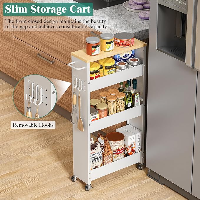 CHLORYARD Slim Storage Cart, 4-Tier Kitchen Rolling Cart Narrow Storage Cabinet with Handle & Wheels, Metal Rolling Shelf Unit for Kitchen Bathroom Laundry Small Places (5.9IN White/Natural) - Image 2