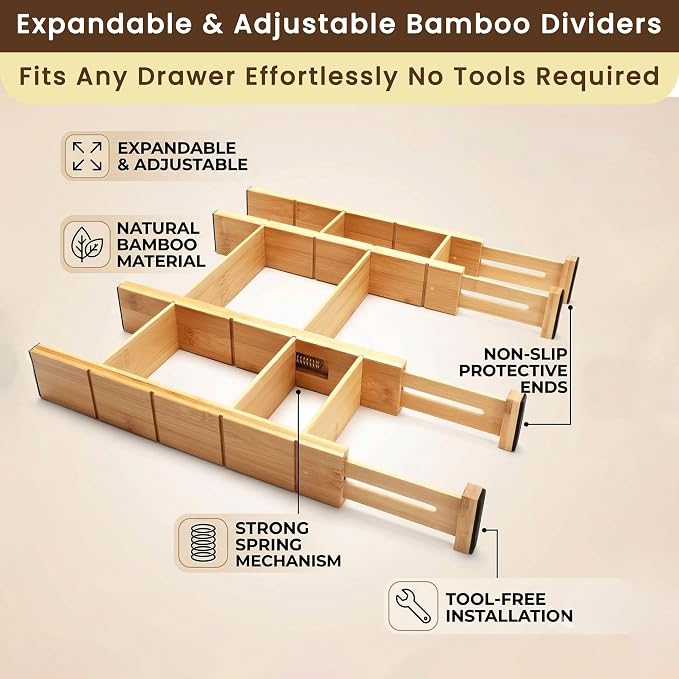 6 Pack Bamboo Drawer Dividers with 12 Inserts, Adjustable 17–22 Inch Expandable Drawer Organizer for Kitchen, Dresser & Closet, Bamboo Kitchen Drawer Organizer, Drawer Divider Set - Image 6