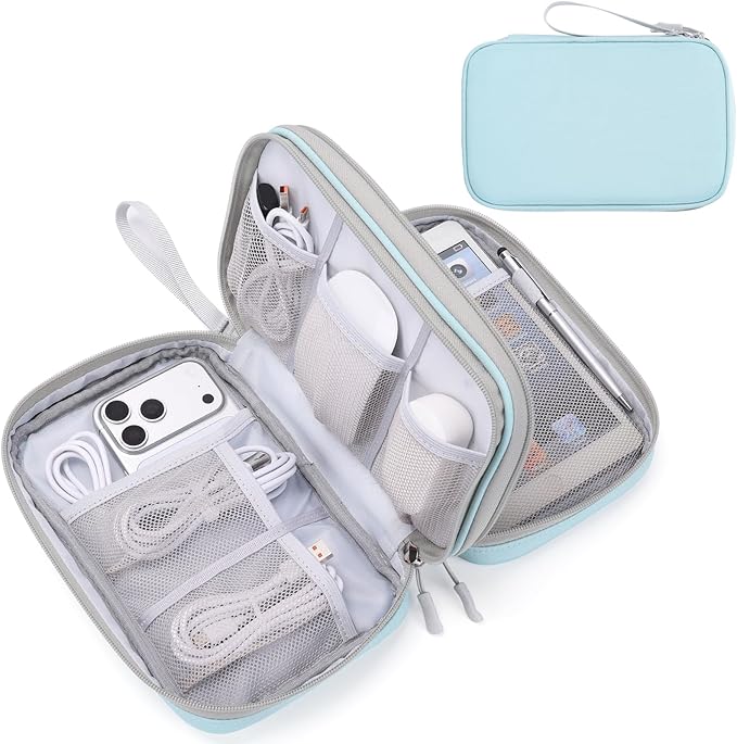 FYY Electronic Organizer, Travel Tech Pouch Bag, Large, Mint Green | Wrist Strap, Waterproof, Double Layers Portable Electronics Travel Carrying Case for Cord, Charger, Daily Business Trips Use by FYY
