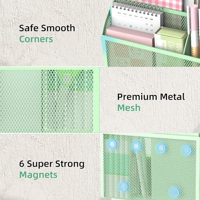 3-Grid Magnetic Pencil Holder, Strong Magnet Locker Organizer, Mint Green | Mesh Magnetic Shelf, Marker Holder Perfect for Whiteboard, Refrigerator and Locker Accessories - Image 4