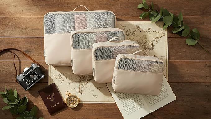 6 Set Travel Packing Cubes, Water-Repellent Nylon Luggage Organizer Bags for Suitcase, Carry-on, Home Storage, Lightweight and Durable (6, Beige, Sollid) - Image 6