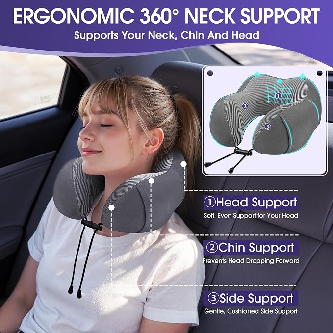CloudBliss Neck Pillow for Airplanes, Memory Foam Travel Pillow, Dark Grey - Image 2
