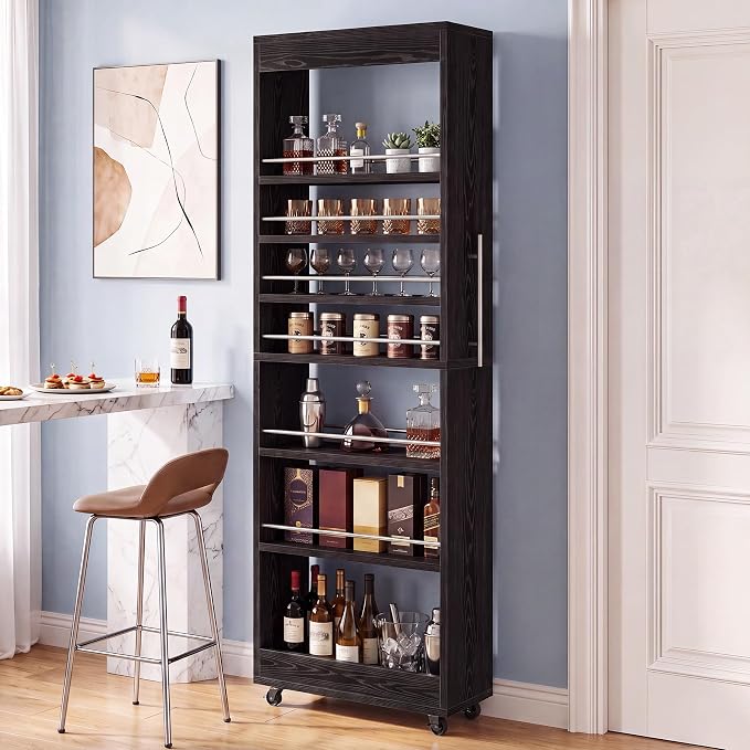 Tribesigns 73" Tall Slim Storage Cart on Wheels, 7-Tier Narrow Pantry Cabinet, Rolling Skinny Spice Rack Organizer Next to Fridge, Wooden Pull-Out Storage Shelf for Kitchen Small Spaces, Black - Image 4