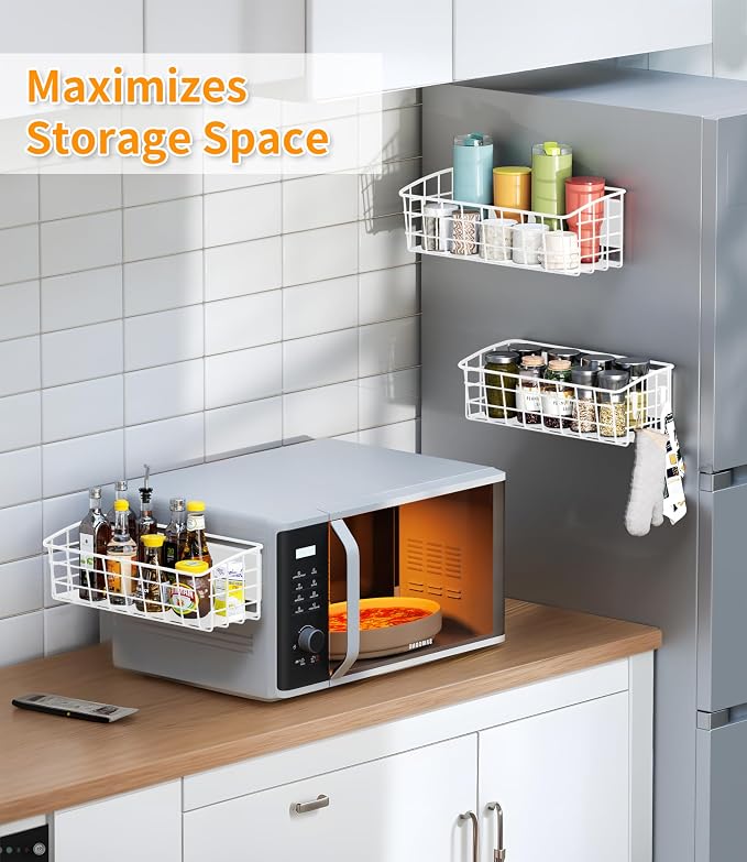 2Pack Magnetic Shelf for Refrigerator with Removable Hooks(White) | Strong Magnetic Spice Rack for Kitchen Storage, Fruit Potato Onion Storage Shelves, Large Magnetic Basket Organizer - Image 4