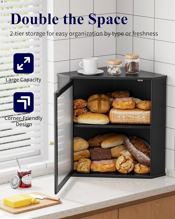 Kitsure Wooden Corner Bread Box for Kitchen Countertop, Large, Black | 2-Tier Bread Container with Magnetic Acrylic Door, Kitchen Counter Organizer for Snacks, Loaves,, Homemade Bread Storage - Image 3