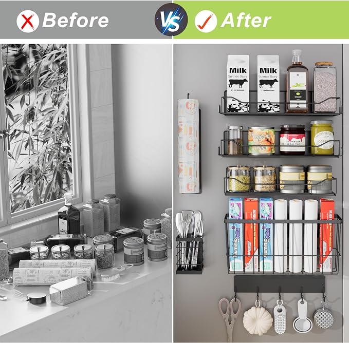 Magnetic Spice Rack for Refrigerator, 7 Pack Magnetic Fridge Shelf for Kitchen Organization Storage, Moveable Spice Organizer W/Paper Towel Holder, Utensil Caddy, Cutting Board Rack (Black) - Image 5