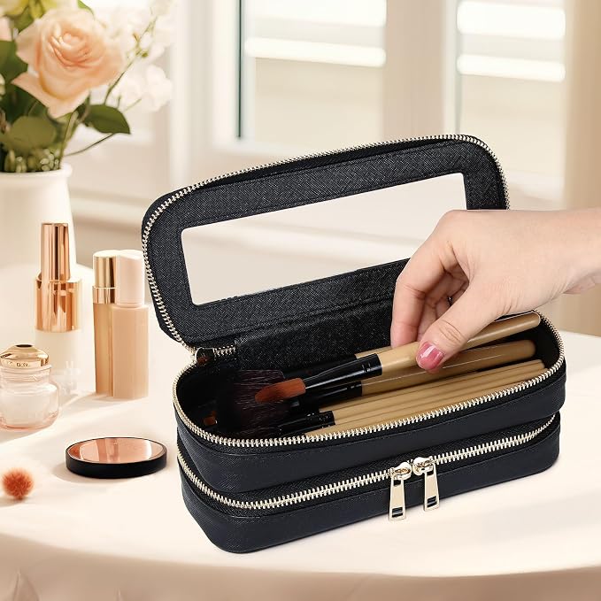Pinkmik Double Layer Makeup Bag, Black, Double SLIM | Makeup Brush Case, Waterproof, Travel Cosmetic & Toiletry Organizer, - Image 2