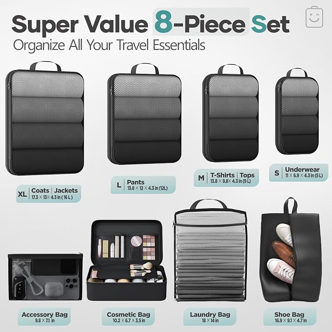 Veken 8 Set Compression Packing Cubes Garment Bags for Travel Essentials,Compressible Expandable Luggage Organizer Bags for Clothing,Space Saver Bags with Over 1000 pcs of Mesh Holes(Black) - Image 2