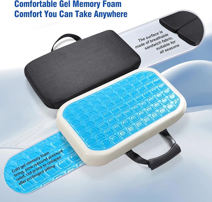 High-Density Slow-Rebound Gel Memory Foam Seat Cushion（16"x14"x1.8"） | Soft，Breathable，Foldable，Detachable Adjustable Velcro，Non-Slip，Ideal for Airplane Stadium Bench Trave Wheelchair Long Sitting - Image 5