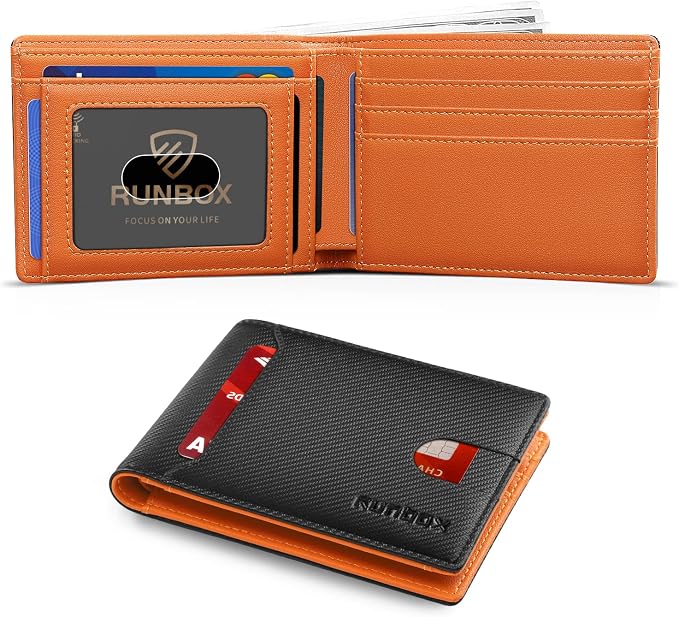 RUNBOX Wallet for Men, Slim Leather Bifold, RFID Blocking Card Holder | Minimalist Front Pocket Design, Credit Card Organizer, Holds 11 Cards, Large Capacity, Thin Profile, Birthday Gifts for Men by RUNBOX