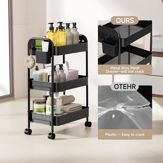 Heavy-Duty Rolling Cart 3 Tier Metal Utility Storage Cart | with Casters, Hooks & Hanging Cups, Rolling Storage Organizer for Kitchen Office Craft Snack Book - Image 7