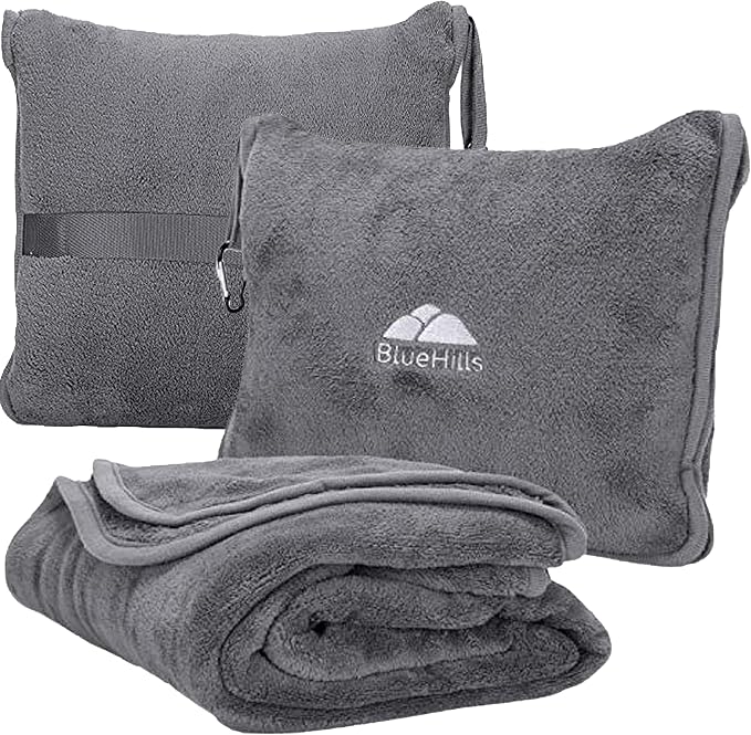 BlueHills Premium Soft Travel Blanket Pillow 2-in-1 Airplane Warm - Gray | 2 in 1 Airplane Blanket Pillow, Hand Luggage Strap & Backpack Clip, Lightweight & Compact, Must Have Essential Travel Gifts by BlueHills