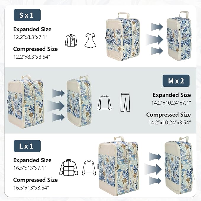 Extra Large Compression Packing Cubes for Carry On, 4 Set Lightweight Travel Packing Organizers with Breathable Mesh, Expandable Compression Cubes for Travel, Blue Floral - Image 2