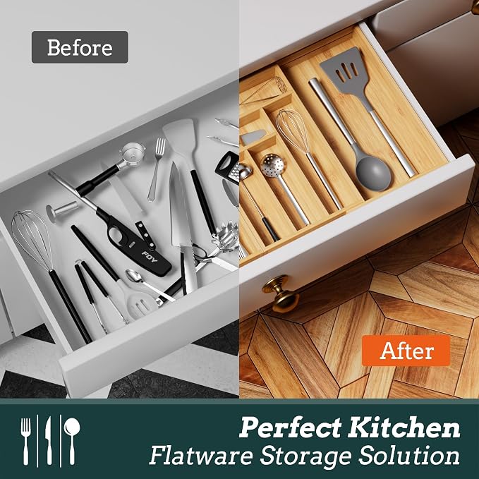 Silverware Organizer Large, Magnetic Connected Expandable 13 Slots Silverware Drawer Organizer From 21 to 37.4 Inches, Adjustable Flatware and Cutlery Holder, Bamboo Utensil Tray for Kitchen Natural - Image 7