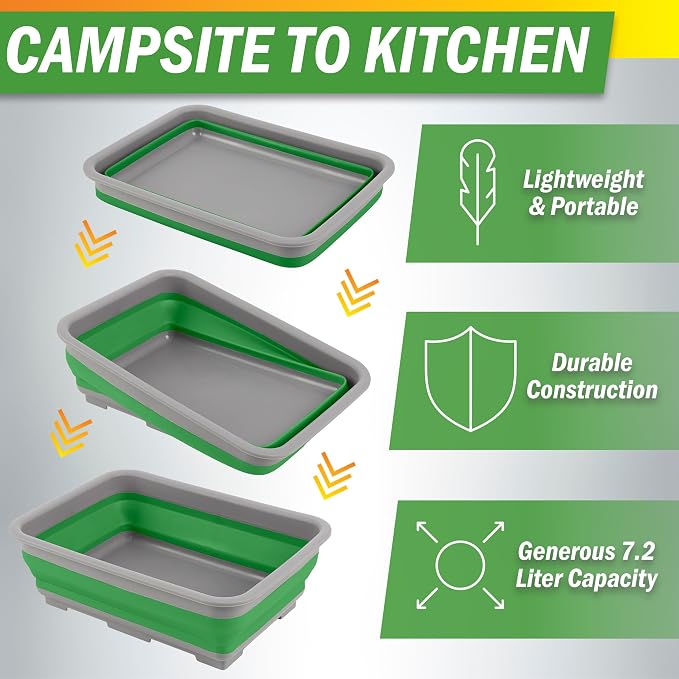 Collapsible Bucket for Cleaning 2-Pack - 7.27L Foldable Wash Bin Dish Tubs - Collapsible Wash Basin or Camping Sink Set for Beach, Tailgating or Soaking Laundry - Cleaning Supplies by Wakeman (Green) - Image 4