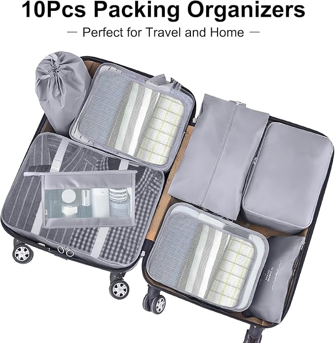 Packing Cubes for Travel- 8 Set Luggage Organizer Bags for Family, Mesh Breathable Travel Packing Cubes for Suitcases Durable Travel Essentials Bags Set (Grey, 10 Set) - Image 2