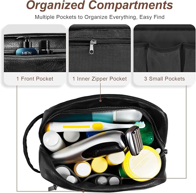 Travel Toiletry Bag for Men and Women, Travel Shaving Dopp Kit Water-resistant Bathroom Toiletries Organizer PU Leather Cosmetic Bags (Black) - Image 3