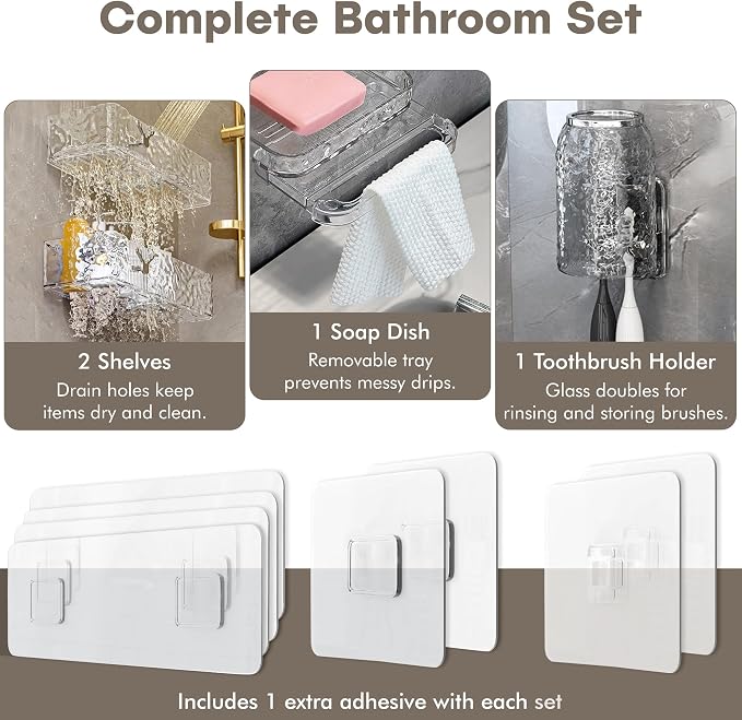 Acrylic Shower Shelves with Soap Dish & Toothbrush Holder, Clear Plastic Shower Caddy, Adhesive Bathroom Organizer Wall Mount, No Drill Installation 4 Pack - Image 5