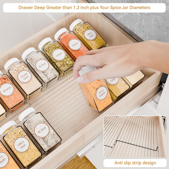 4 Pack Adjustable Narrow In Drawer Spice Organizer - Expandable From 9'' to 17.7'' - Acrylic Drawer Seasoning Organizer,Clear Spice Drawer Insert Tray for Drawers Condiment,Jar Organization - Image 9