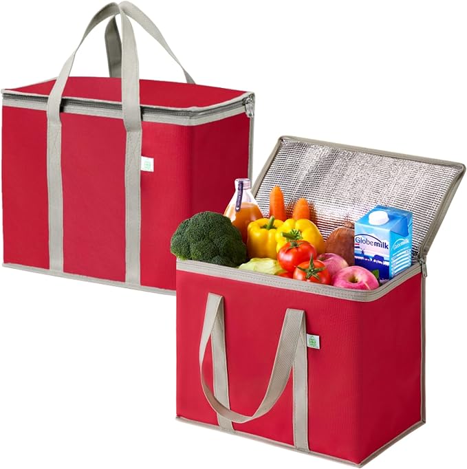 VENO 2 Pack Cooler Bag Insulated Grocery Bags for Food Delivery Heavy Duty | Large Collapsible Cooler, Reusable Shopping Tote w/ Zippers, Foldable, Stands Upright, for Groceries Camping (Red, 2 Pack) by Veno