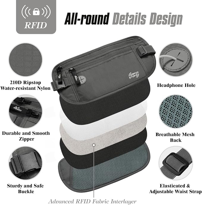 MoKo Travel Money Belt, Hidden RFID Blocking Passport Wallet, Dark Gray | Slim money belt has a hidden pocket, moisture-wicking backing, RFID-blocking material, and an adjustable elastic strap. - Image 5