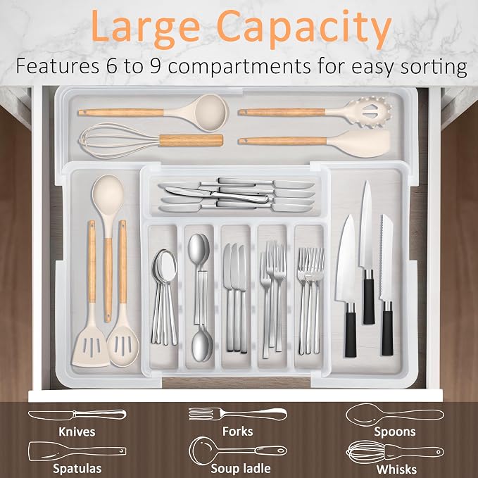 Large Silverware Drawer Organizer Expandable Kitchen Utensil Organizer BPA Free Flatware Cutlery Holder Tray Adjustable Plastic Drawer Divider Storage for Forks Knives 6-9 Slots White - Image 4