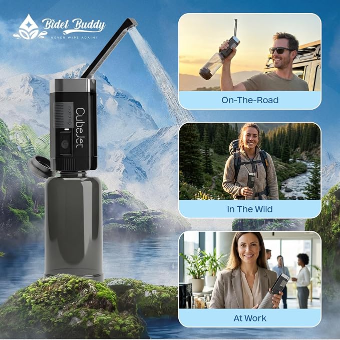 BIDET BUDDY® CubeJet Portable Bidet for Travel, 380mL Bottle Obsidian Drift | Rechargeable Battery 1100mAH, IPX6 Waterproof Wand-Style Nozzle, USB-C High-Pressure Hygiene Device for Camping & Home - Image 7