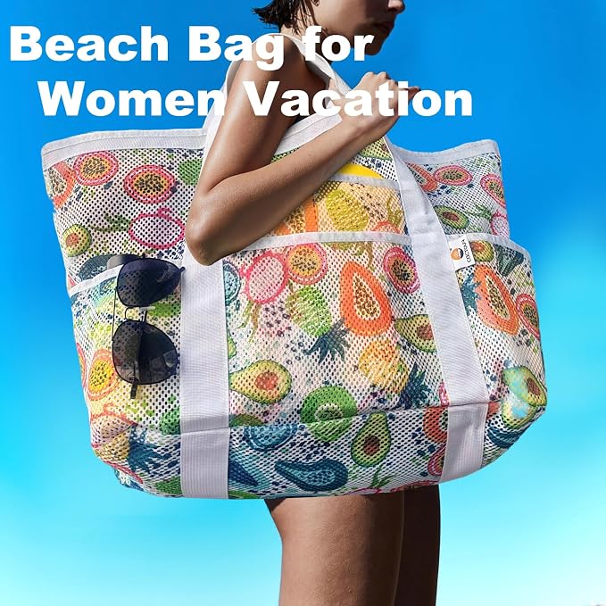 CaCTOUR Mesh Beach Bag,Large Beach Bags for Women with 8 Pockets,Packable Tote Bag for Beach Cruise Pool Vacation Essentials - Image 3