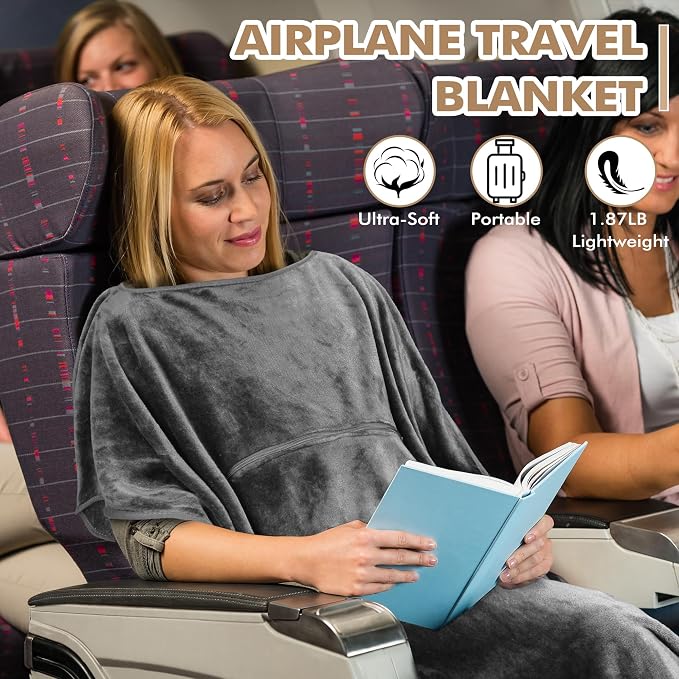 Tirrinia Travel Blanket Airplane Office Poncho 4 in 1 Premium Cozy Fleece Portable Poncho Blankets with Built-in Bag, Pocket - Image 9