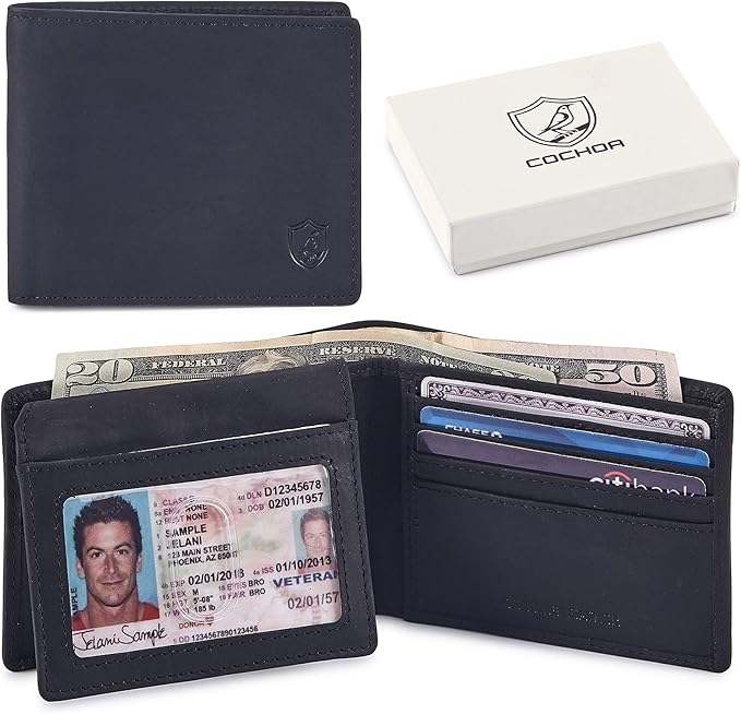 Wallet for Men Slim RFID Blocking Leather Bifold Minimalist 2 ID Windows Gift Box Carteras Para Hombres (CRAZY HORSE, BLACK) by Cochoa