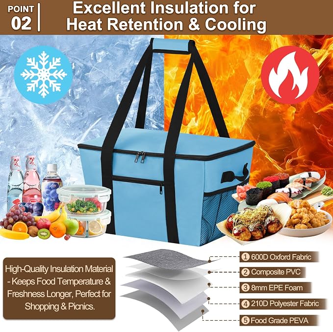 Reusable Grocery Bag – Expandable Insulated Cooler Bag with Bottom Board, Collapsible Insulated Shopping Bag with Zipper & Drawstring, Heavy Duty Tote Bag for Shopping, Delivery, Picnic, Beach - Image 2