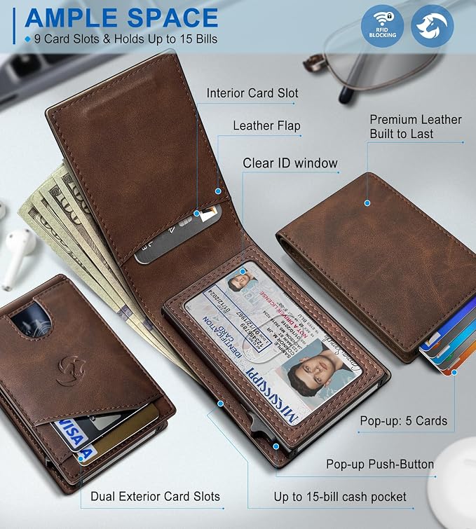 Wallet for Men, Slim Pop Up Card Holder with RFID Blocking, Minimalist Bifold Wallet with 9 Card Slots, ID Window and Cash Pocket, Metal Flip Case with Magnetic Closure, Gift Box - Image 2