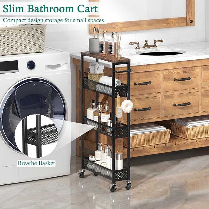 XYZLVSI Utility Slim Storage Cart on Wheels, 4 Tier Laundry Room Organizers | 5" W narrow shelf for small spaces, skinny rolling cart with wooden top and metal handle for kitchen/bathroom/Office/Dorm - Image 3