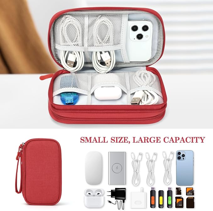 FYY Electronic Organizer, Travel Tech Pouch Bag, Cable Organizer Red | Wrist Strap, Waterproof, Double Layers Portable Electronics Travel Carrying Case for Cord, Charger, Daily Business Trips Use - Image 6