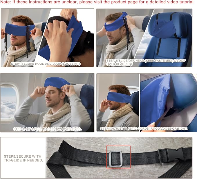 Travel Pillows for Airplanes, Airplane Head Strap with Silk Eye Mask for Sleeping, Long Flights & Car Road Trips 360°Headrest Neck Support, Stops Bobbing, Small & Compact（Blue） - Image 7