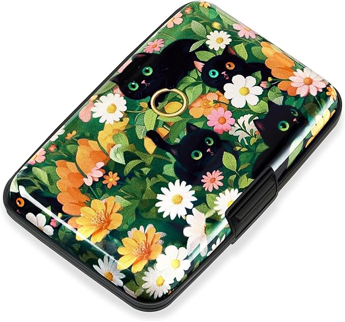 Mayski Credit Card Holder for Women RFID Blocking Wallet, Black Cat Flower | Card Wallets for Women Small Mini Business Metal Accordion Aluminum Alloy Hard Case for Men by SLIMELEGANCEPERSONIFIED