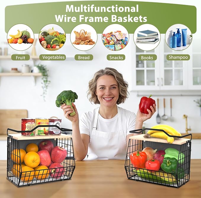 Wawocs Magnetic Shelf for Fridge with Wood Lid, 2 Tier Fruit Baskets Wall Mounted Hanging Basket with 4 Hanger Hooks, Potato and Onion Magnetic Storage Bins for Kitchen Counter, Refrigerator, Cabinet - Image 5
