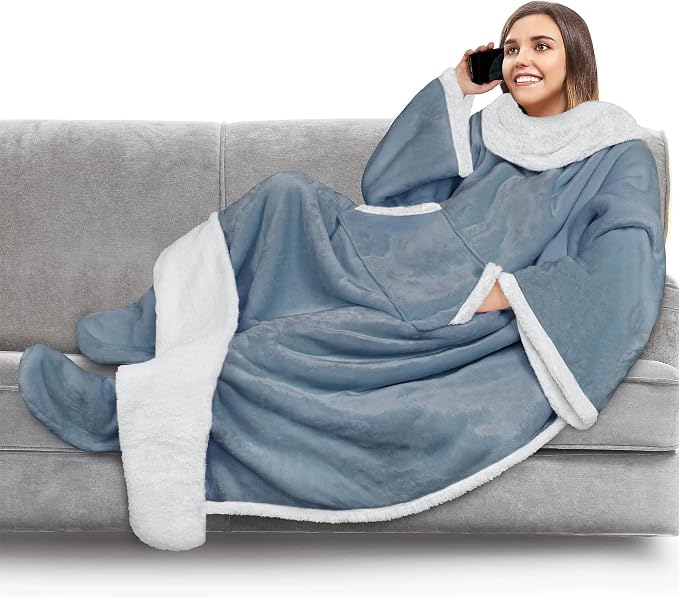 PAVILIA Sherpa Blanket with Sleeves, Foot Pocket for Women Men Adults, Thick Wearable Blanket Throw Wrap, Fleece Warm Snuggle Blanket Robe, Cozy Gift Ideas Wife Mom, Blue by PAVILIA