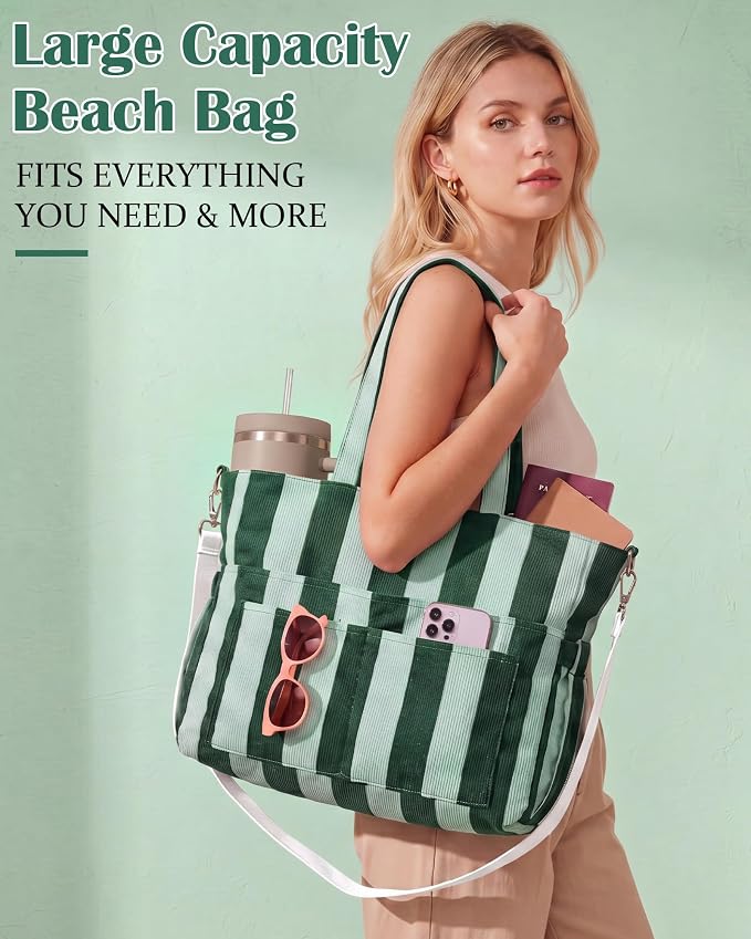 Kacctyen Striped Beach Tote Bag for Women Large Beach Foldable Tote Bag with Zipper Pockets for Travel Pool - Image 4