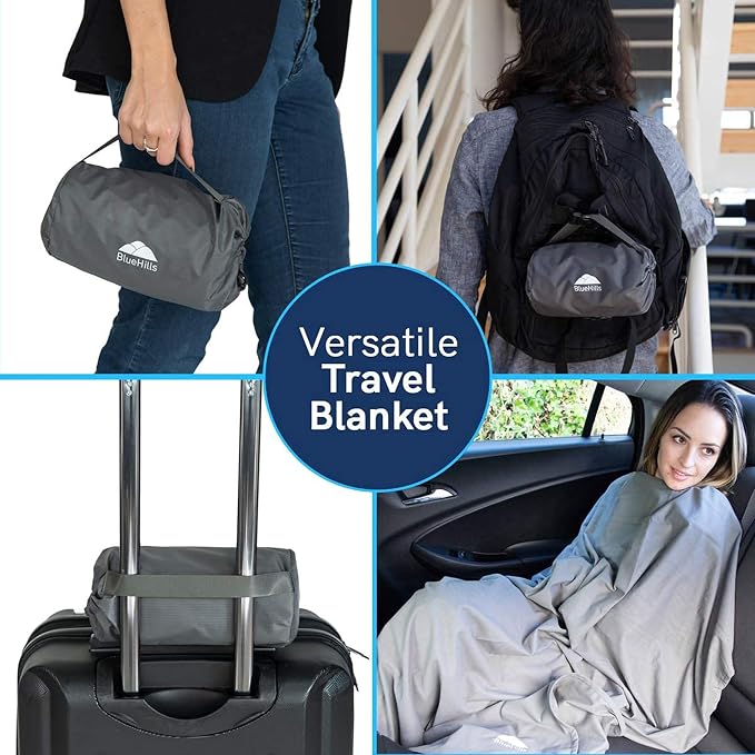 BlueHills Ultra Compact Travel Blanket Pillow Airplane Long Flights - Gray | Portable Bag Case, 70 X 56 Large Size, Luggage Strap & Carabiner, Traveling Essential, Compact & Lightweight, Travel Gifts - Image 9