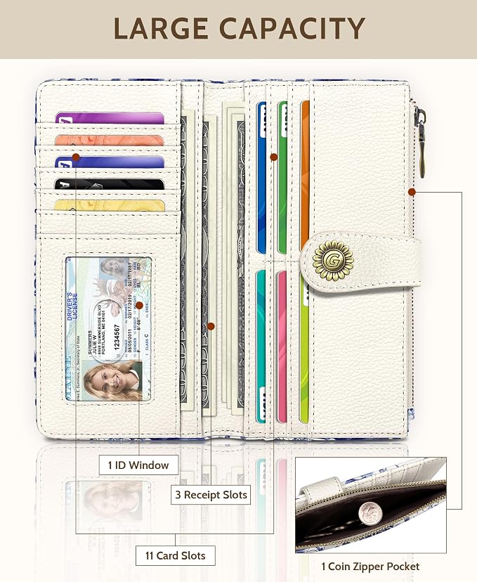 GIANCOMICS Hummingbirds Womens Wallet RFID Flower Credit Card Holder Bifold | Billfold, Cute Cash Purse, Travel Zipper Coin Pocket, Compact Clutch, PU Leather, ID Window, 11 Card Slots, Ladies Gift Woman - Image 3