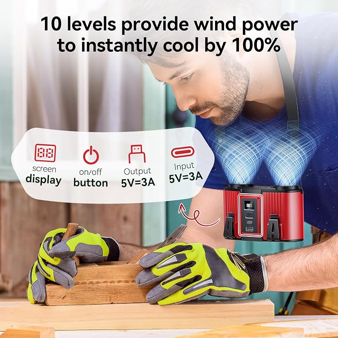 Doublepow 24000mAh Portable Waist Fan, Personal Fan, Dual Air Ducts Motors, Rechargeable Clip On Belt for Working, 10 Speeds 45H Wearable Neck Cooling, for Outdoor Work Travel, Power Outage (Red)﻿ - Image 4