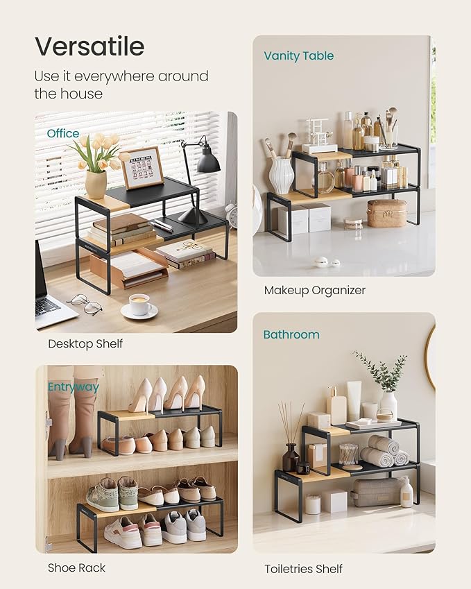 SONGMICS HOME Spice Rack, Expandable Cupboard Shelf Orgnizer,Bamboo | Kitchen Counter Shelves, Bamboo and Steel, Stackable, Ink Black, BYSTRO Collection UKCS051B01 - Image 6