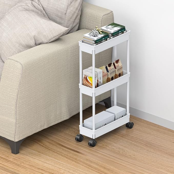 Sooyee Slim 3 Tier Rolling Cart with Wheels, Storage Cart,White | Under Desk Narrow Rolling Utility Cart Storage Organizer for Office Bathroom Kitchen Laundry Room Narrow Places - Image 5