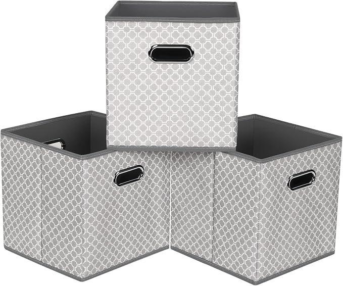 Fabric storage bins Cubes, Fabric Cube Organizer with Handle, Foldable Cube Bins for Cloth or Accessary Storage, 11x11x11, Set of 3, (Light Grey) by Yunkeeper