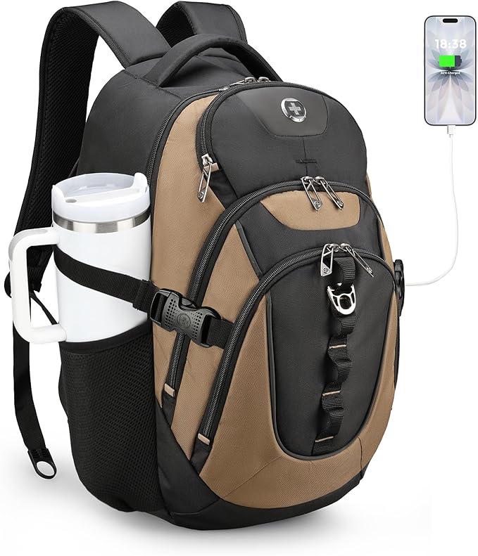 Swissdigital Design Laptop Backpack with USB Charging Port, Travel Backpack Fits 15.6-Inch Computer, 31l College School Backpack for Men, Tan/Black | SD803-34 by SwissdigitalDesign